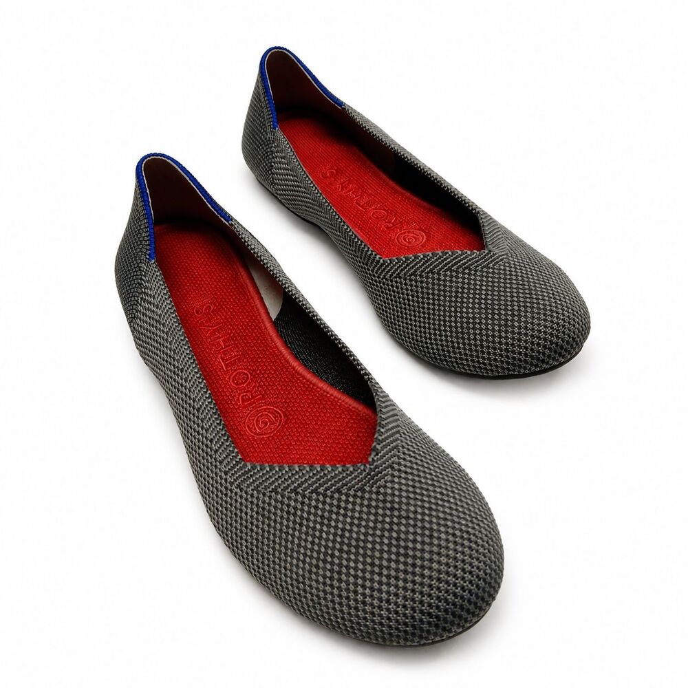 Rothy's The Flat Gray Knit Ballet Flats Blue Trim Red Insoles Women's US 6.5